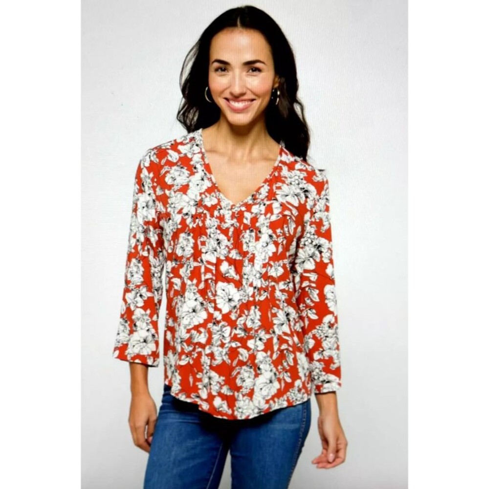 Maley Womens SMALL Top Pleated Detail V Neck Floral Shirt 3/4‎ Sleeve Rust White - Picture 2 of 12